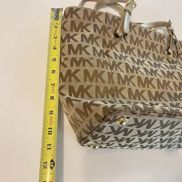 Michael Kors Jet Set Signature Logo Tote Handbag Large Brown Side Pockets - Picture 11 of 16